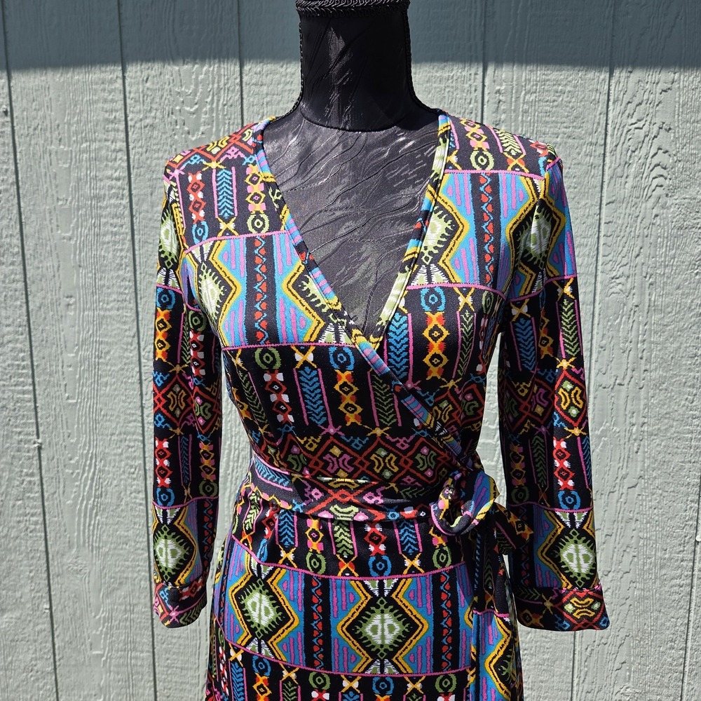 JB by Julie Brown Midi Full Wrap Dress Aztec Geometric 3/4 Sleeve Sm Retro 70s